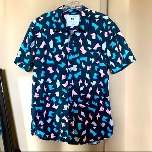 Black With Blue, Pink, Lite Grey Shaped Design Button Down Short Sleeve Shirt.